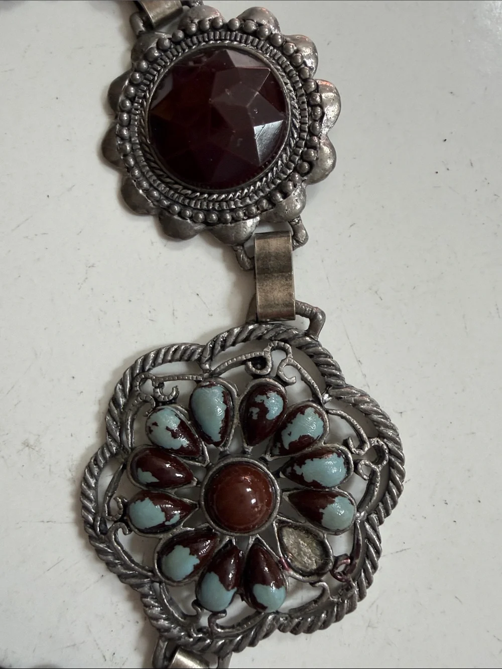 Silver tone Floral Link Belt with Garnet Accents